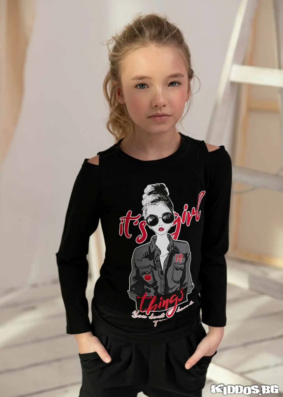 Детска блуза с дълъг ръкав GIRLS THINGS черна